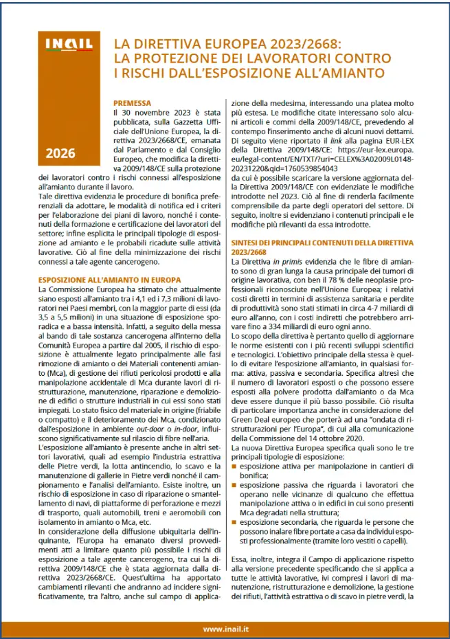 La direttiva europea 2023/2668: la protezione dei lavoratori contro i rischi dall’esposizione all’amianto La direttiva europea 2023/2668: la protezione dei lavoratori contro i rischi dall’esposizione all’amianto